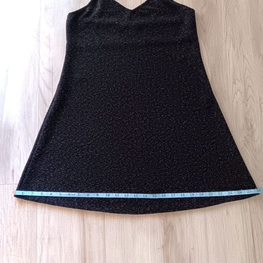 Angie Slip Mini Dress Black Silver Metallic Shimmer Spaghetti Strap Low V Medium - Picture 8 of 14